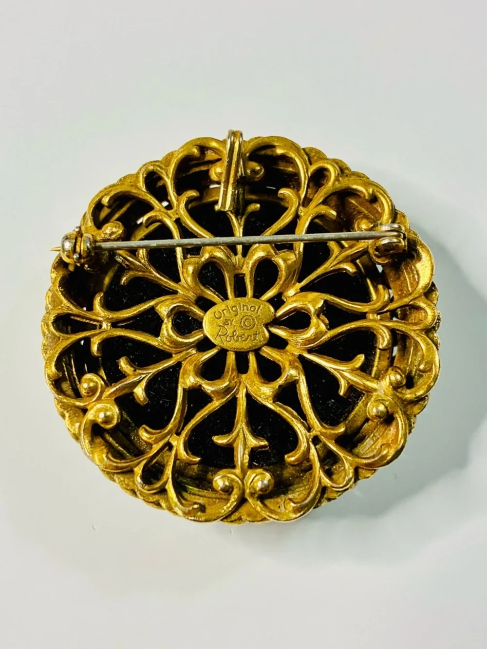 VTG Original By Robert Black and Gold Enamel Brooch with Pearls Courting Scene